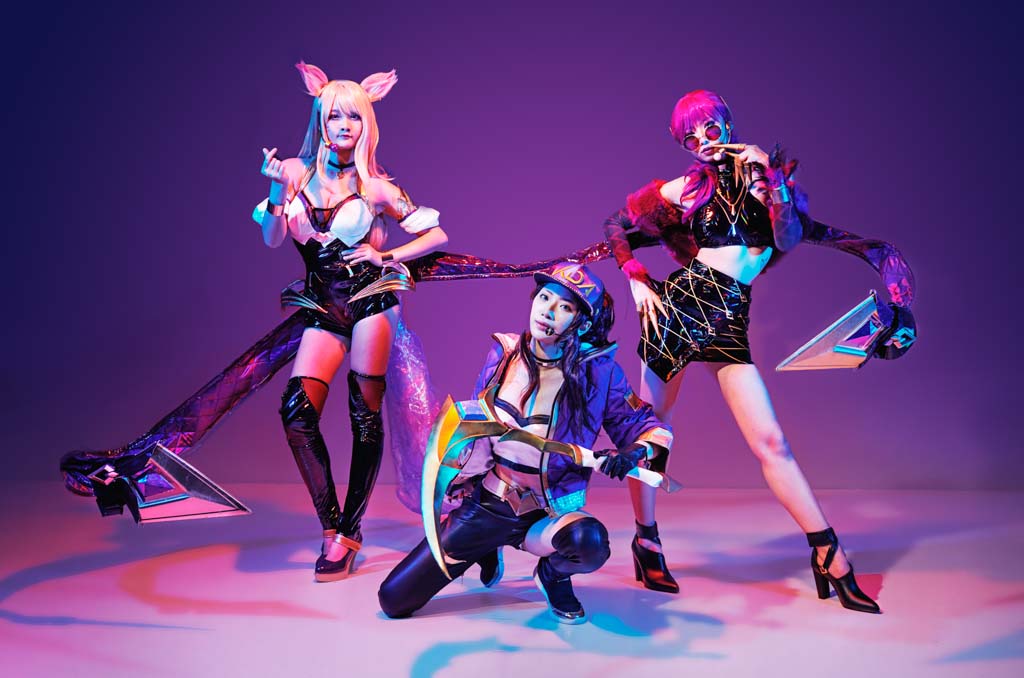 Commercial portrait photography for female gamers in cosplay. group portrait photography in studio with lightings